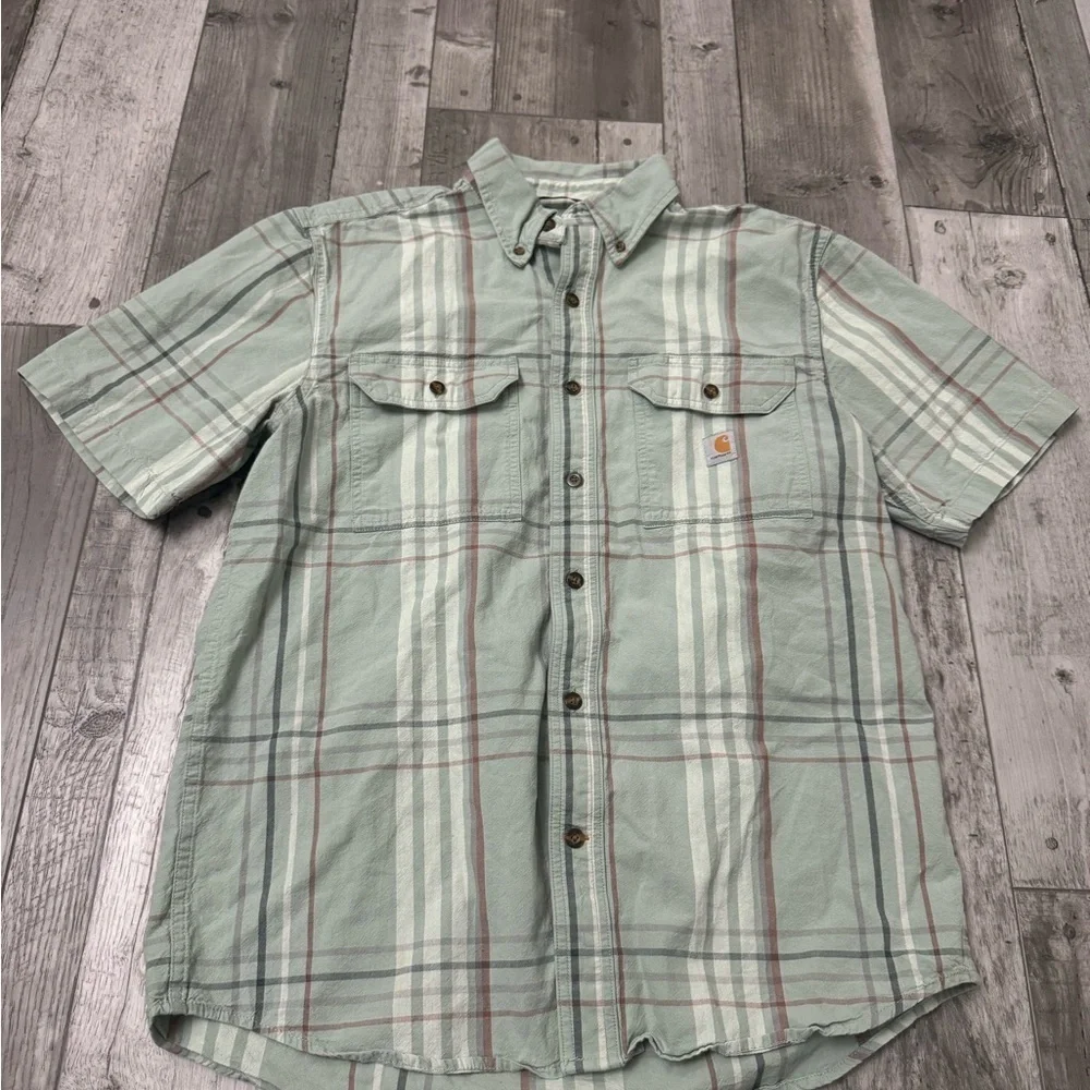 Carhartt Men’s S/S Loose Fit Mid Weight Green Plaid Shirt Workwear Medium